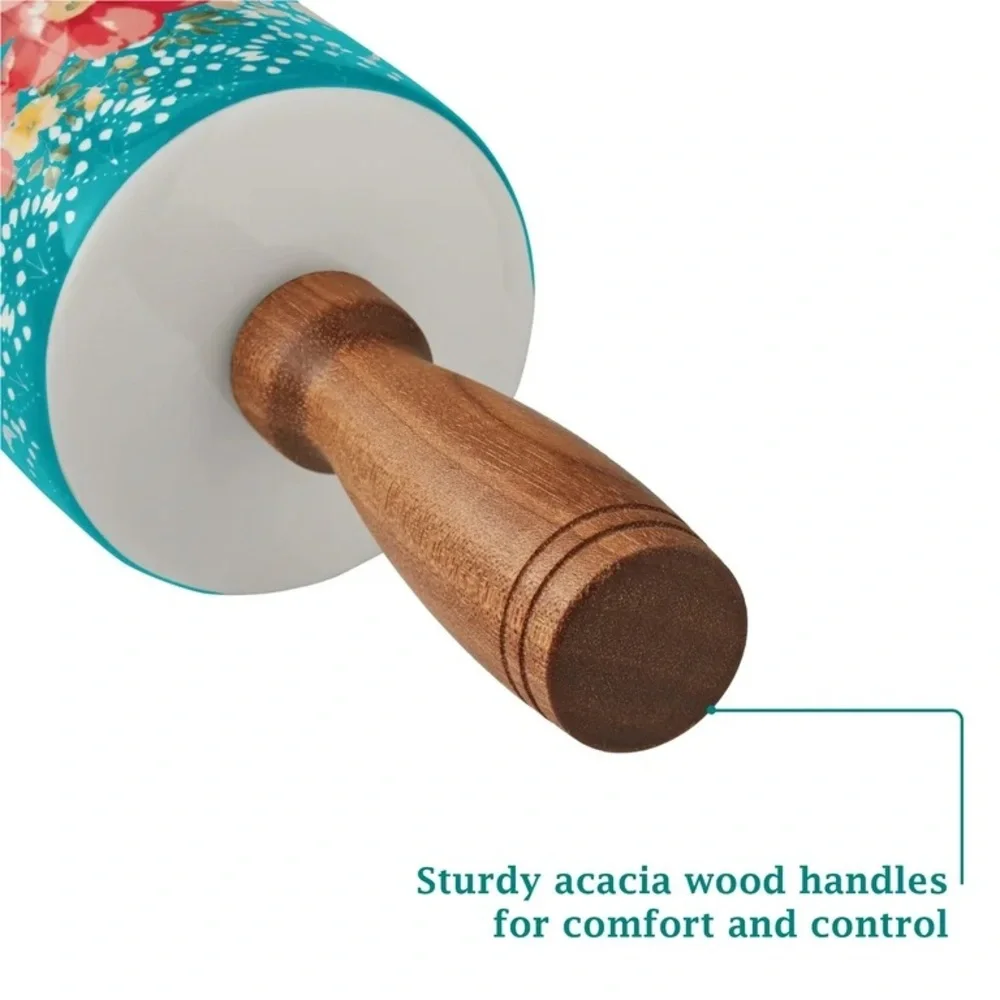 The Pioneer Woman Vintage Floral Ceramic Rolling Pin with Acacia Wood Handles